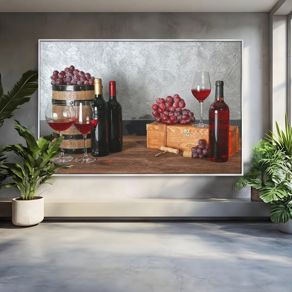 Tablou canvas cu tablou canvas cu sticle si struguri, in rama de aluminiu argintiu